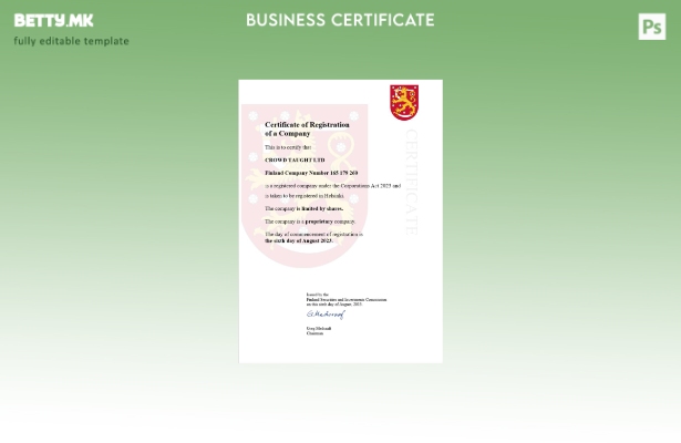 Модерен стил Финска сертификат за регистрација Шаблон за Word и PDF